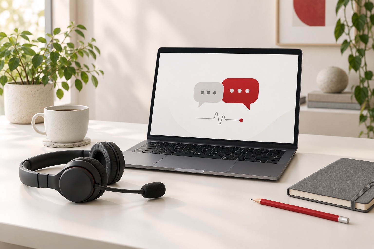 AI illustration of a headset, laptop and support conversation