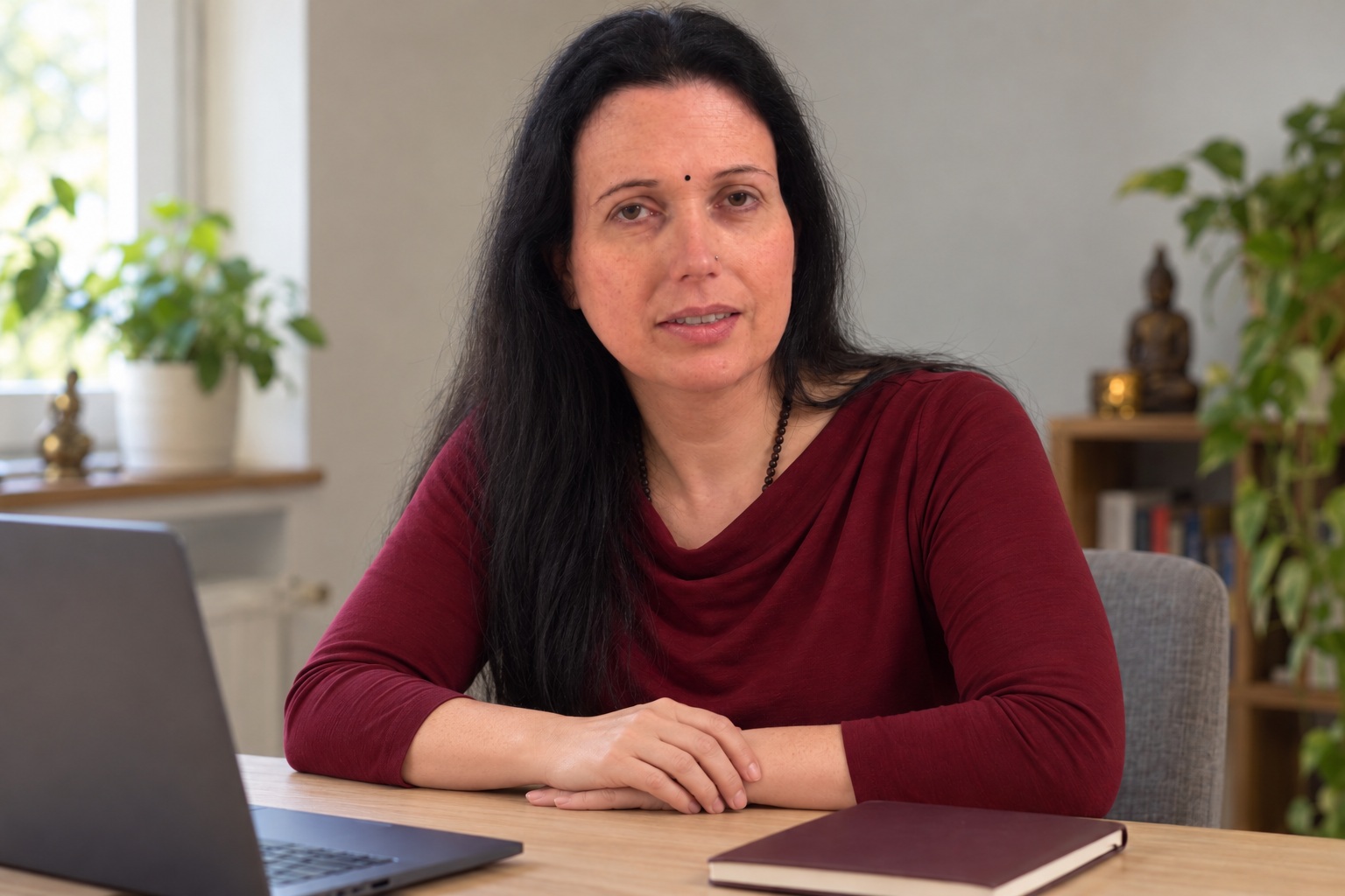 Prem Devi seated at a work table with her hands resting naturally together, wearing a dark red top, small black bindi and left-side nose pin